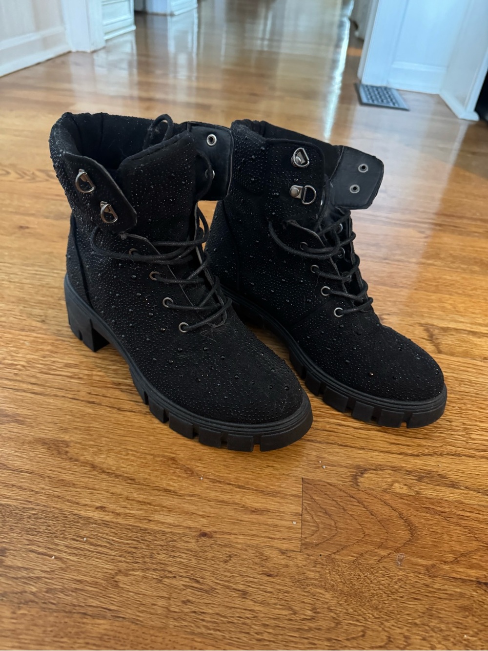 Qupid Black Lace-Up Sparkly Studded Combat Boots